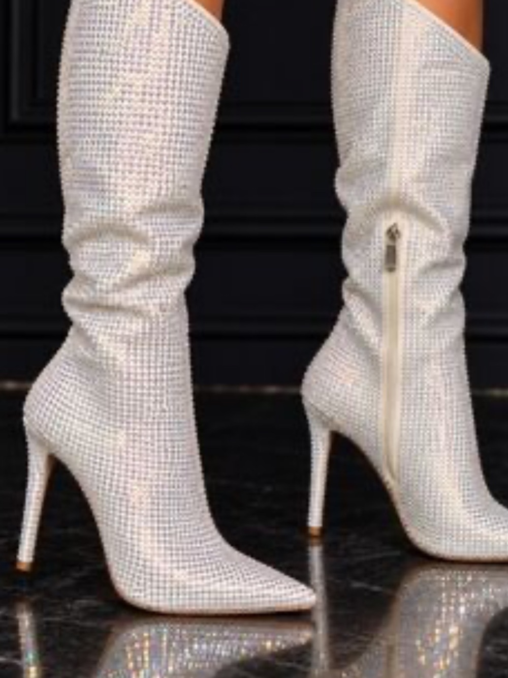 Jennifer Lopez White Rhinestone Knee-High Stiletto Boots